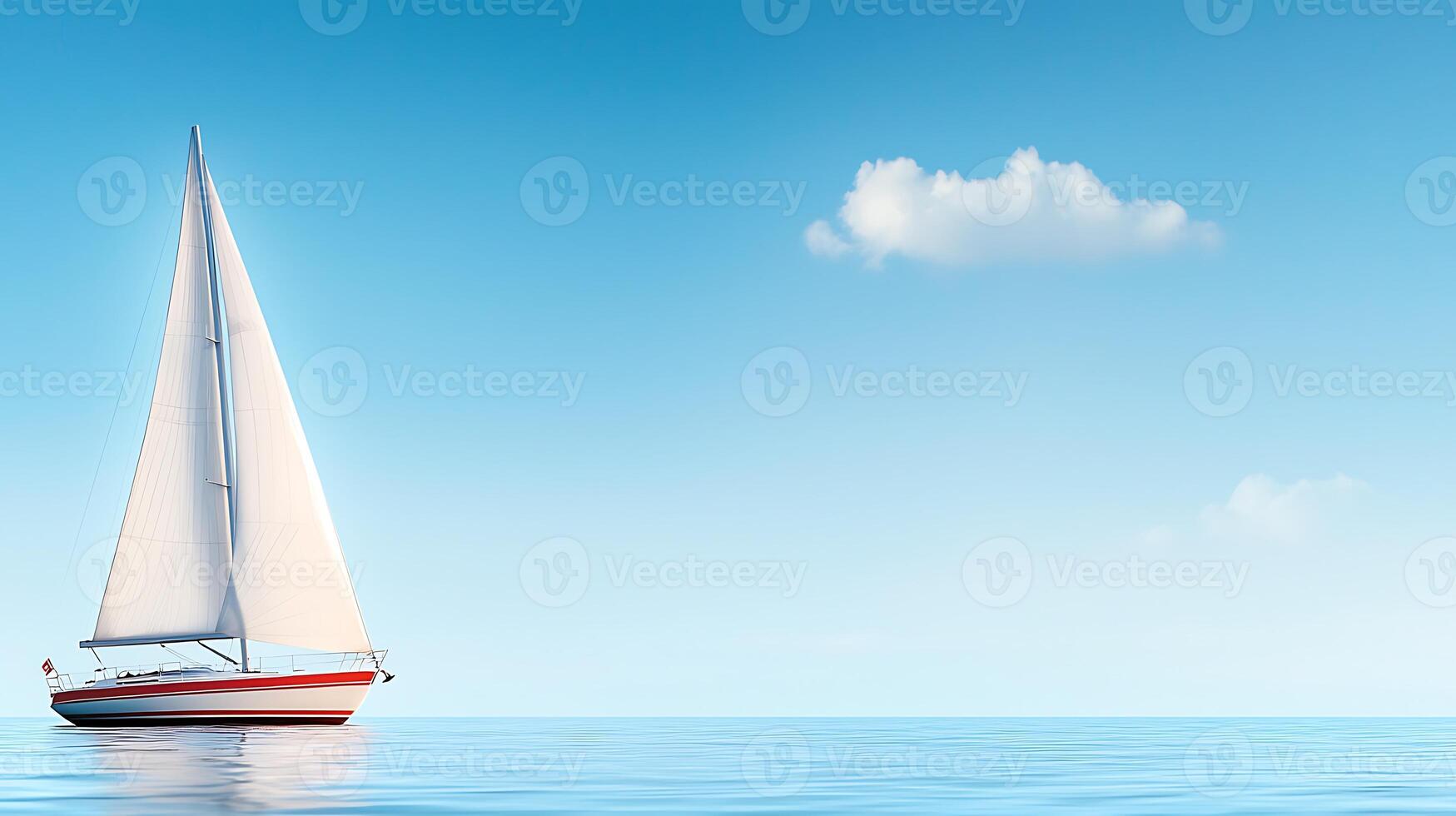 A serene sailboat gliding across calm waters under a clear blue sky with distant clouds photo