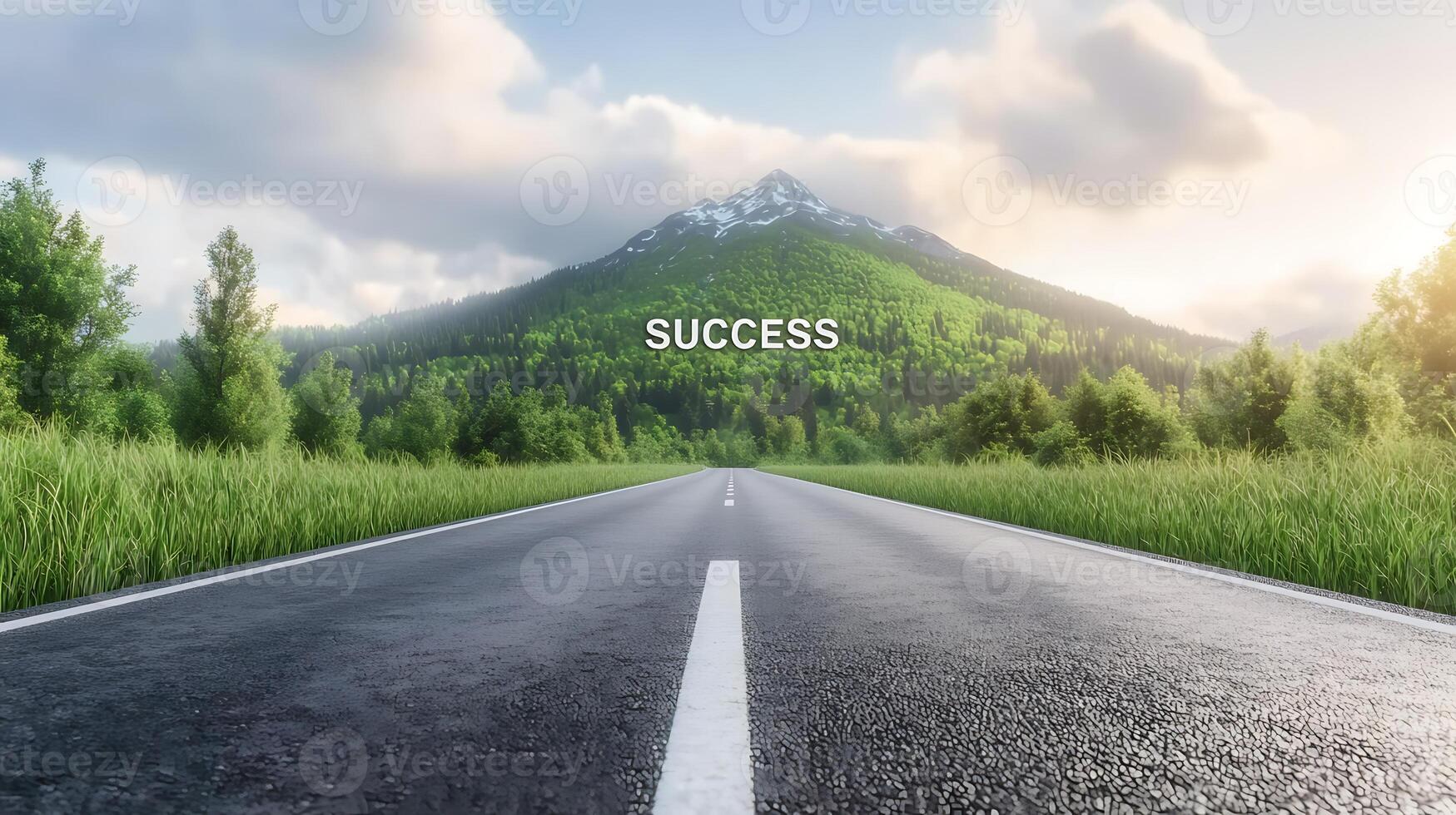 A serene road leading towards a mountain under a bright sky, symbolizing success and adventure photo