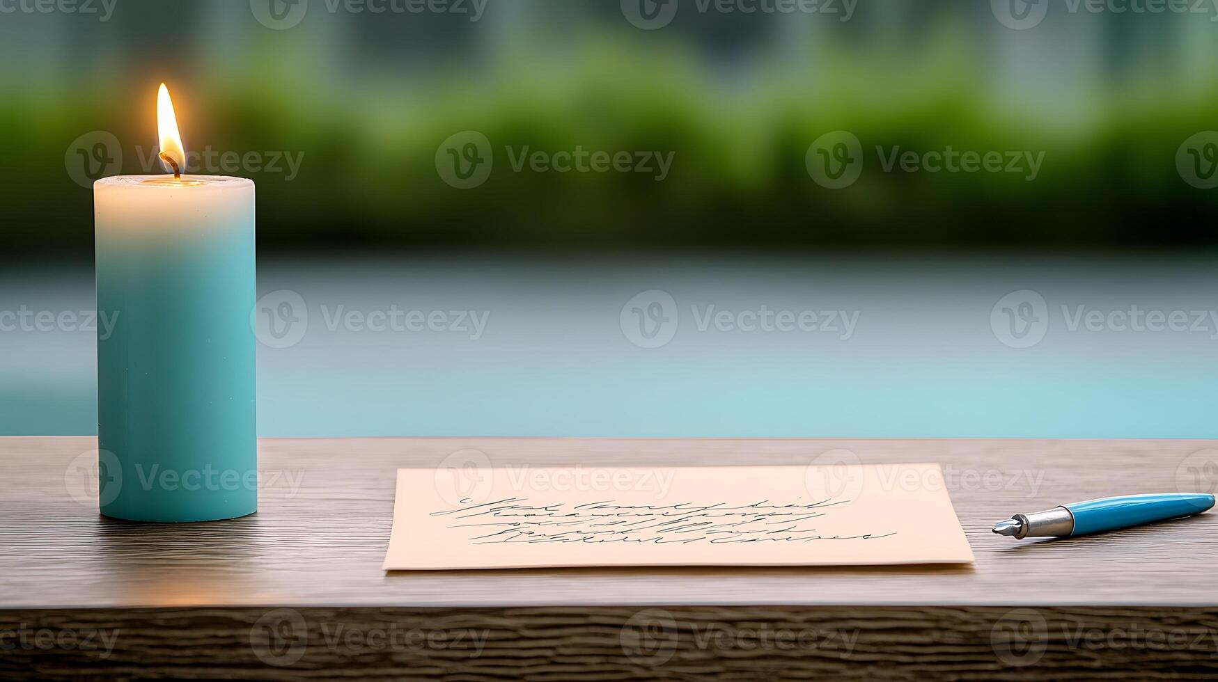 A serene scene featuring a lit candle beside a handwritten note and pen on a wooden table outdoors photo