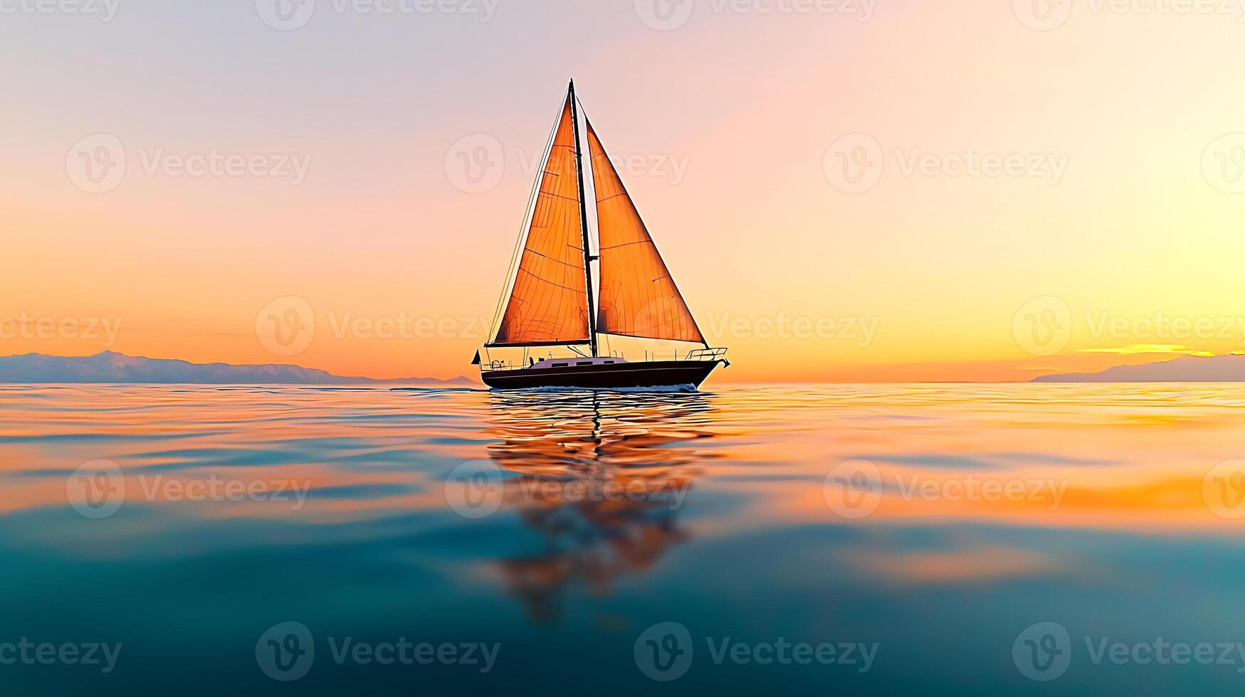 A serene sunset view of a sailboat gliding across calm waters, reflecting vibrant colors photo