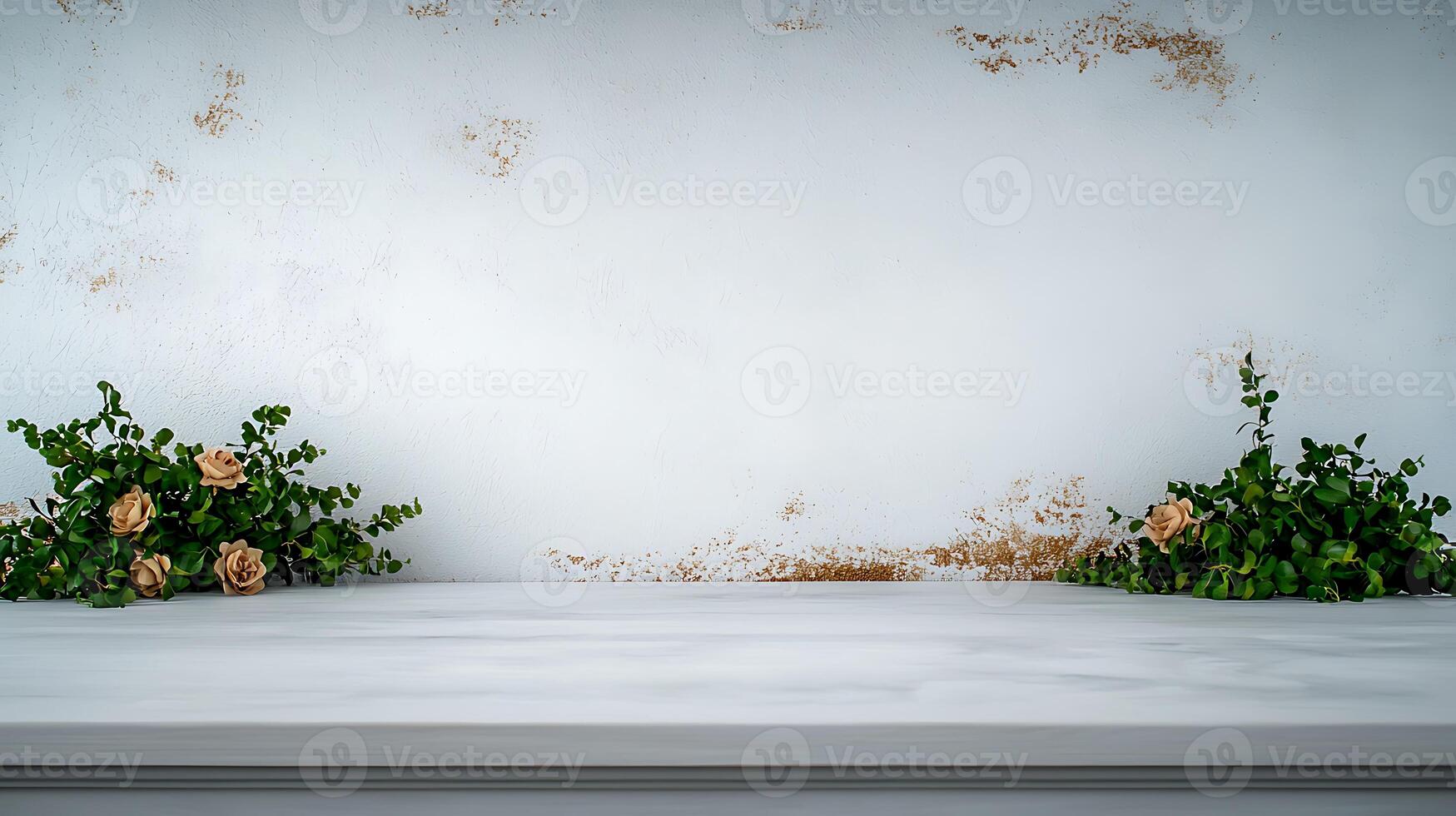 A serene tabletop scene featuring lush greenery and soft roses against a textured white wall photo