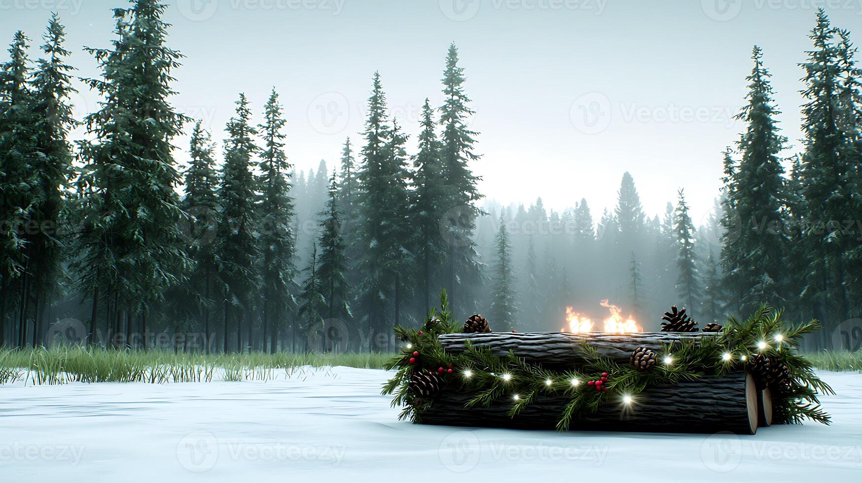 A serene winter scene featuring a decorated log with a fire amidst a snowy forest backdrop photo