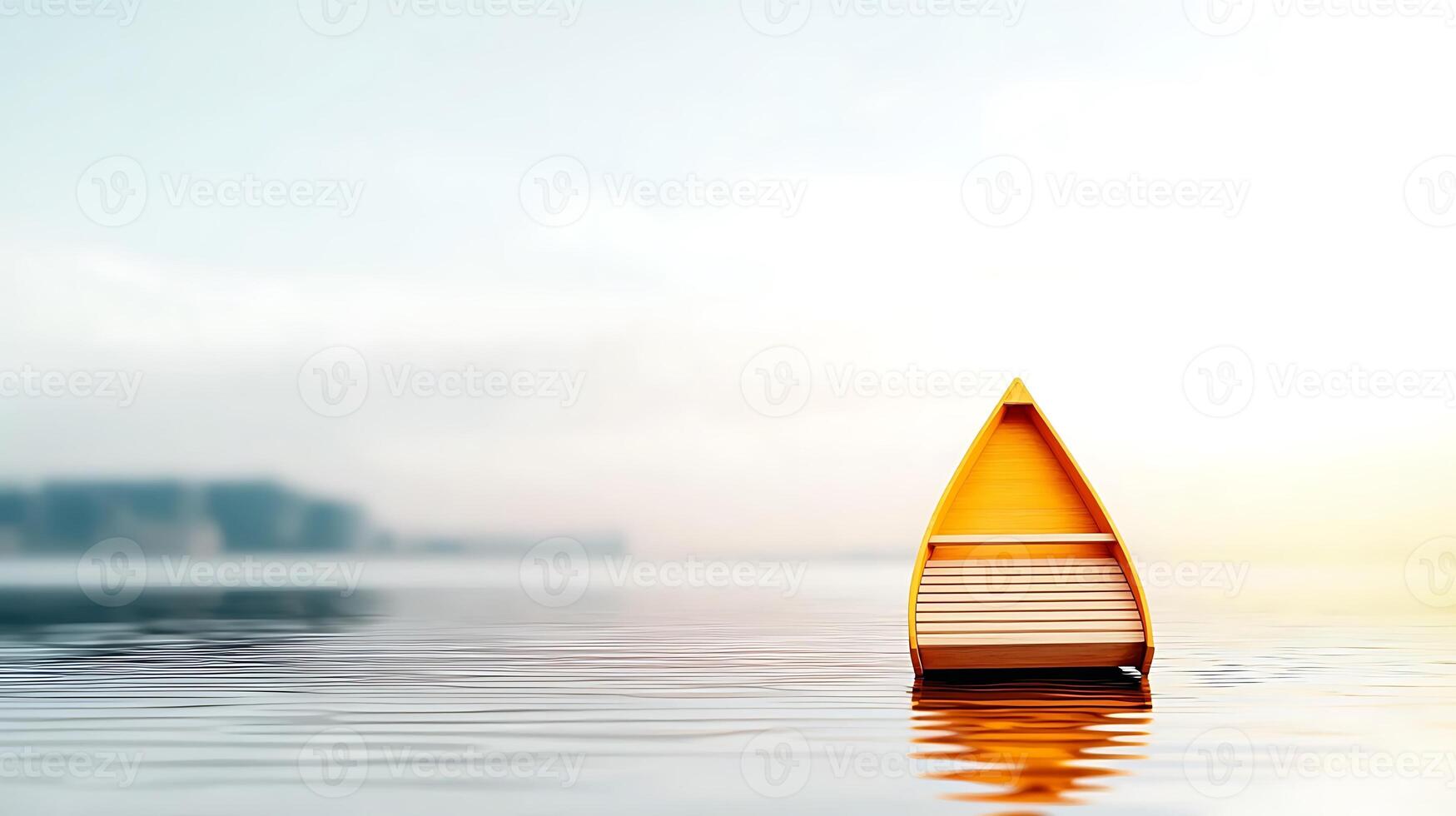 A serene yellow canoe floats gently on calm waters at sunrise, surrounded by misty landscapes photo