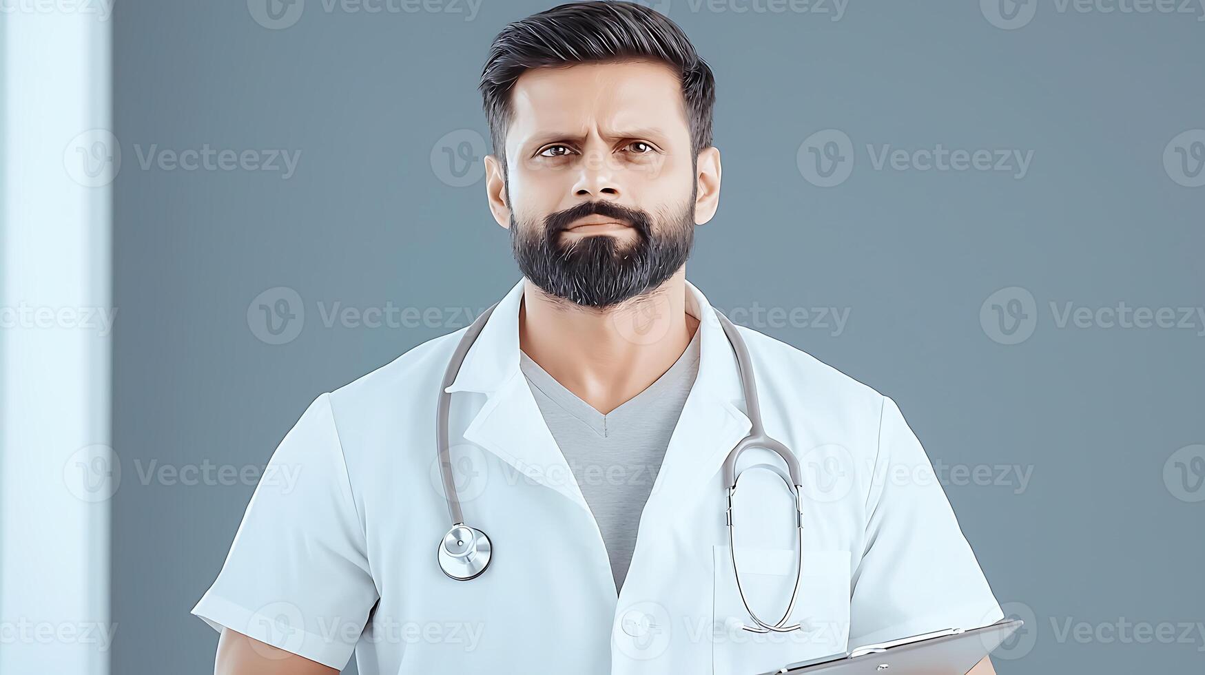 A serious doctor in a white coat holding a clipboard, standing against a neutral background photo