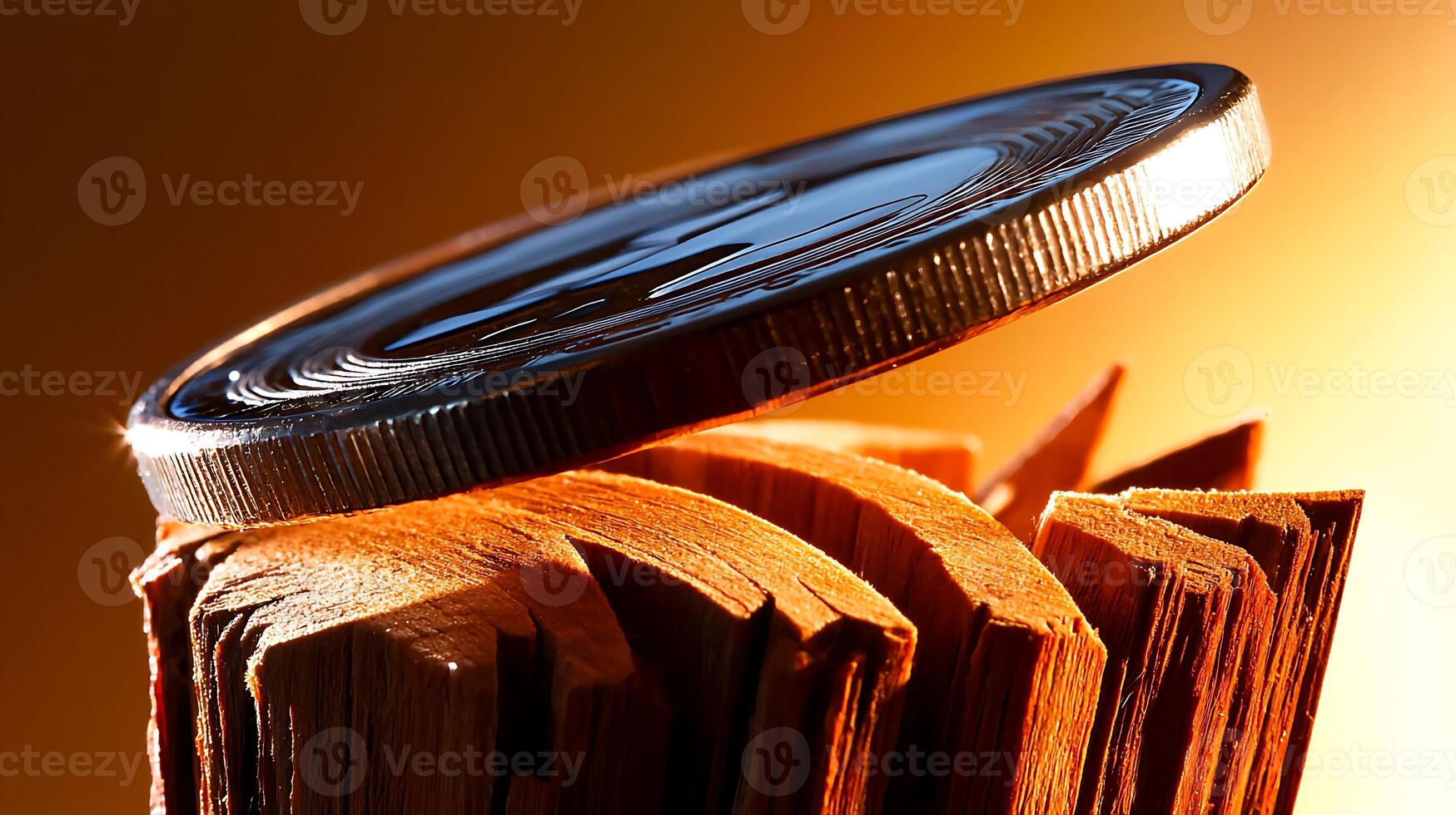A shiny coin balanced precariously on a wooden stump against a warm gradient background photo