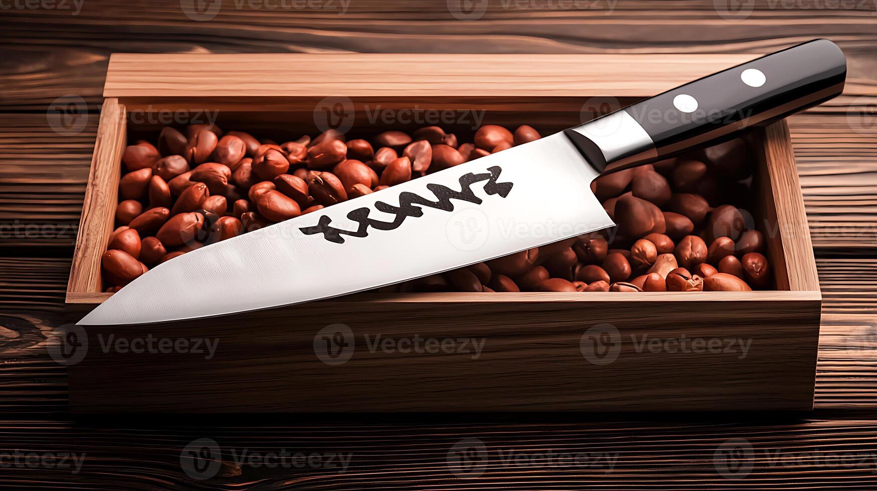 A sharp kitchen knife resting on a wooden box filled with roasted nuts, showcasing culinary tools photo