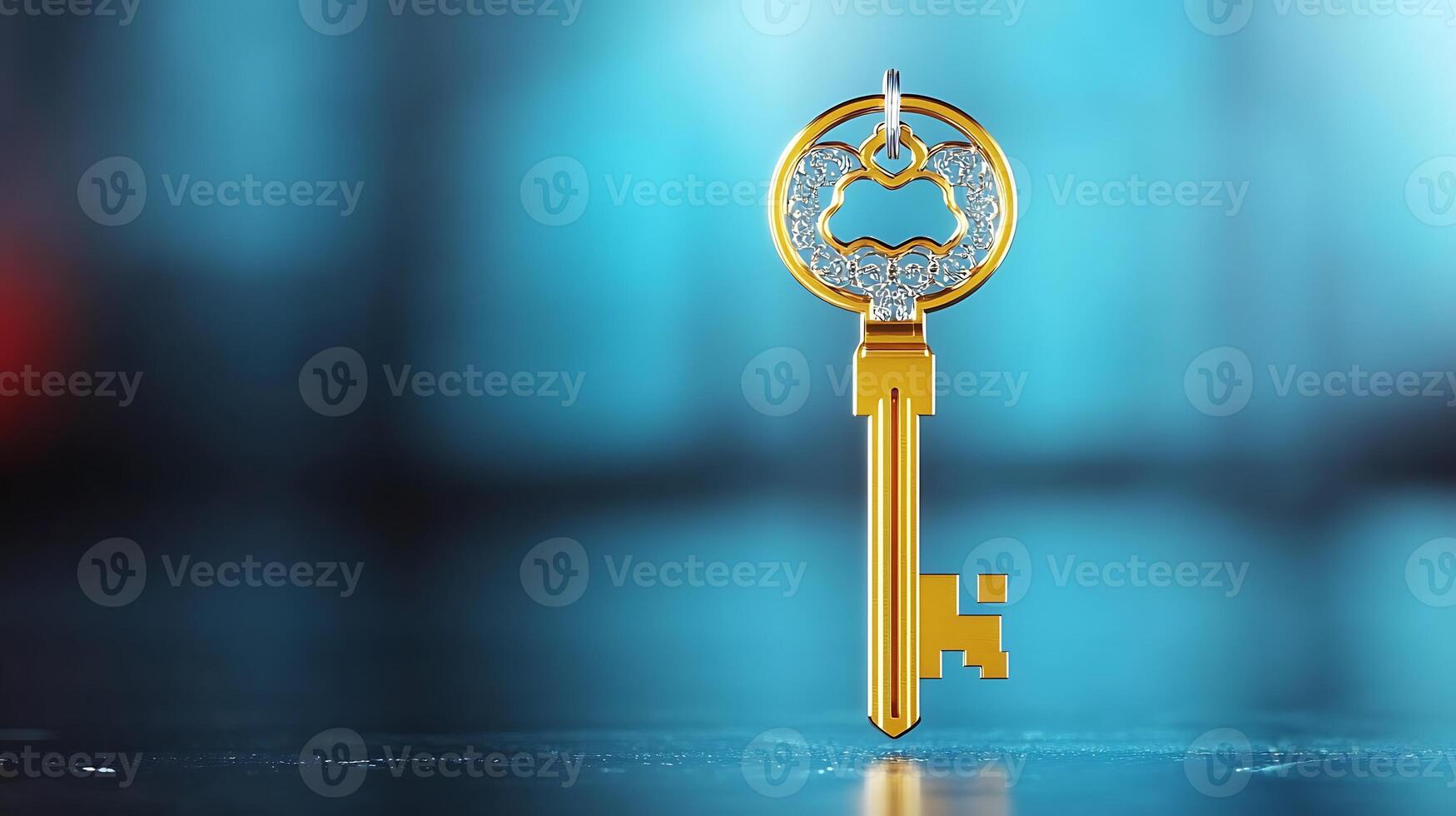 A shiny golden key with intricate designs, centered against a blurred blue background, symbolizing access photo
