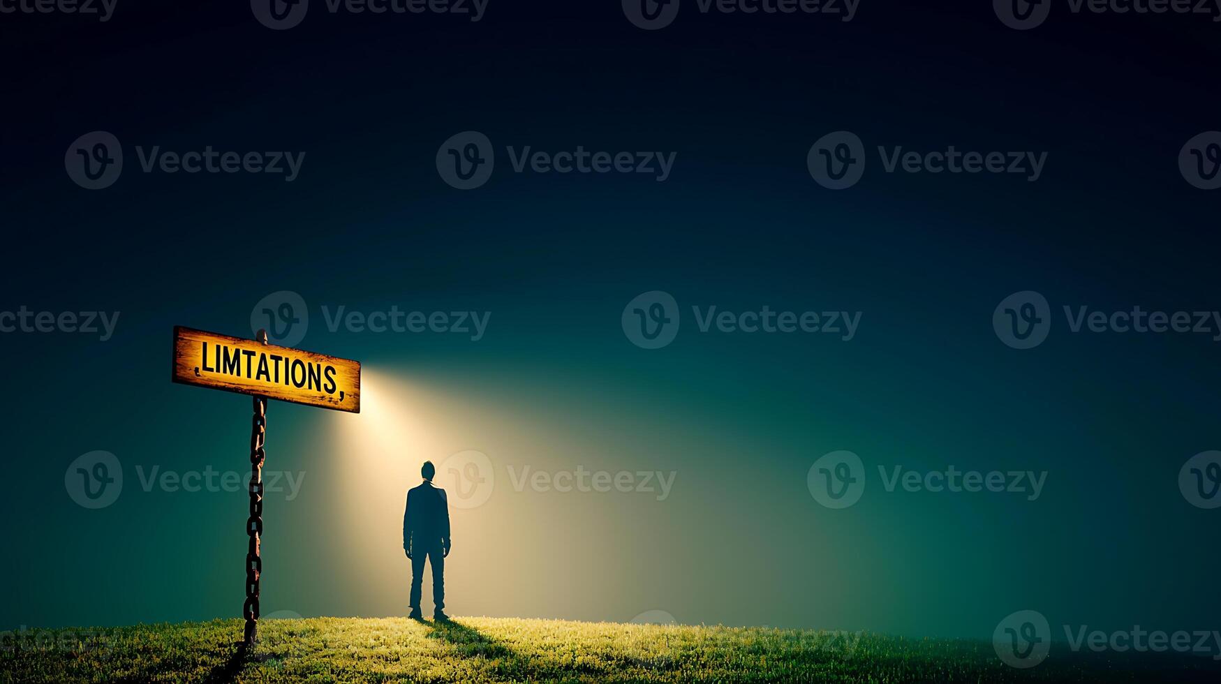 A silhouetted figure stands under a sign reading 'Limitations' in a dark, moody landscape photo
