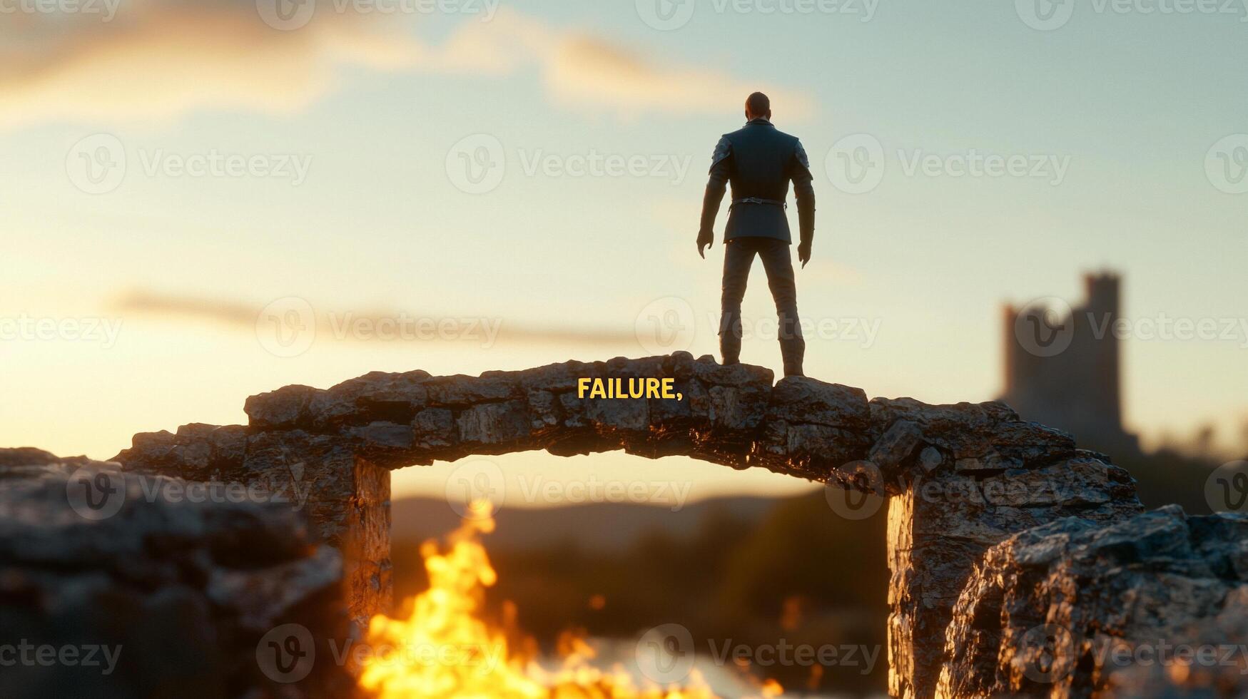 A silhouetted figure stands on a stone bridge at sunset, contemplating failure amidst flames photo