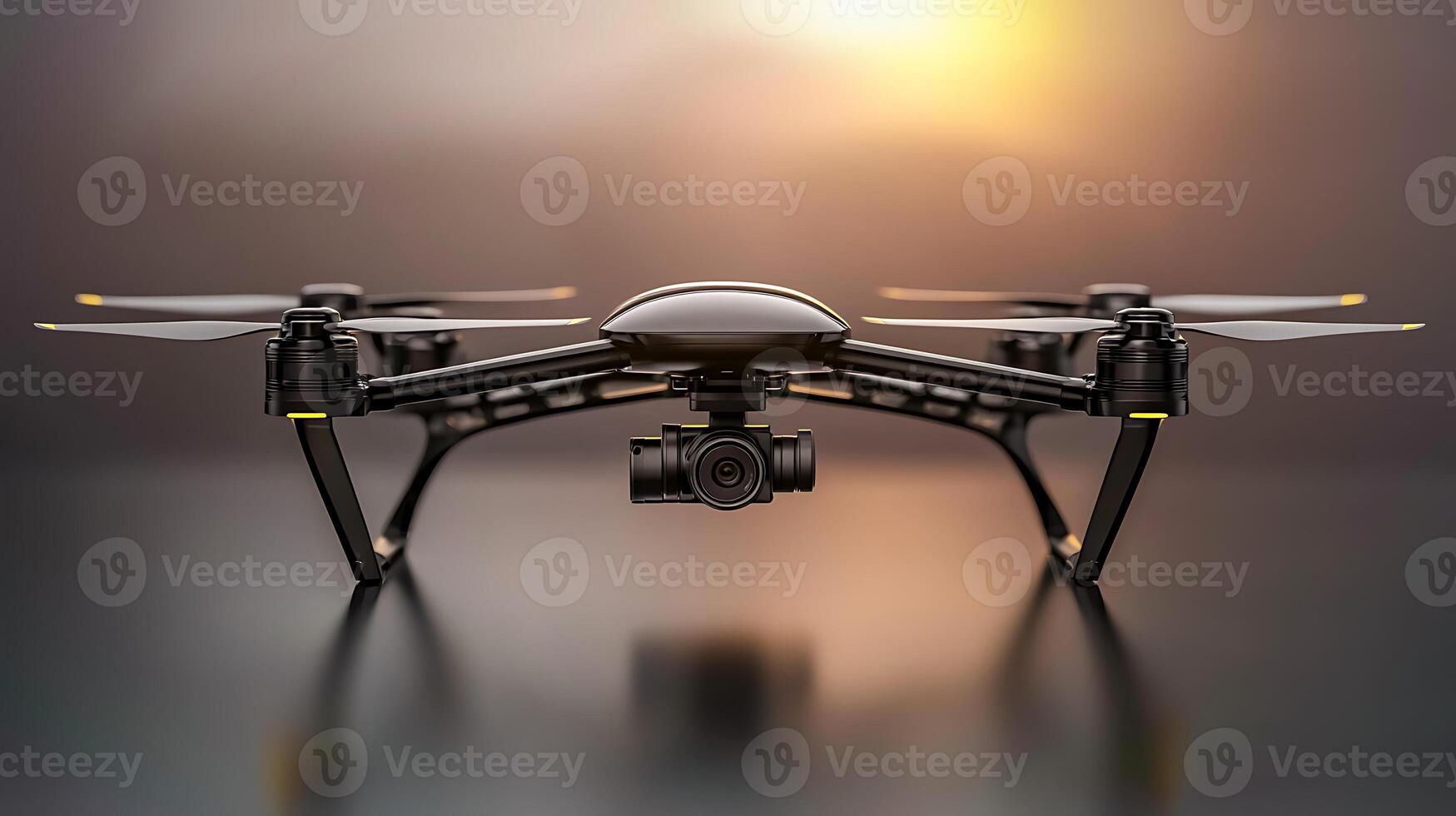 A sleek black drone with a camera, poised for flight against a sunset backdrop, showcasing technology photo
