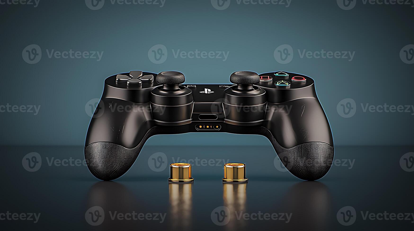 A sleek black gaming controller with batteries on a dark surface, showcasing modern gaming technology photo