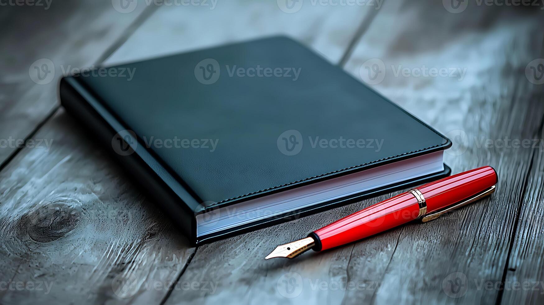 A sleek black notebook resting on a wooden table beside a vibrant red fountain pen, evoking creativity photo