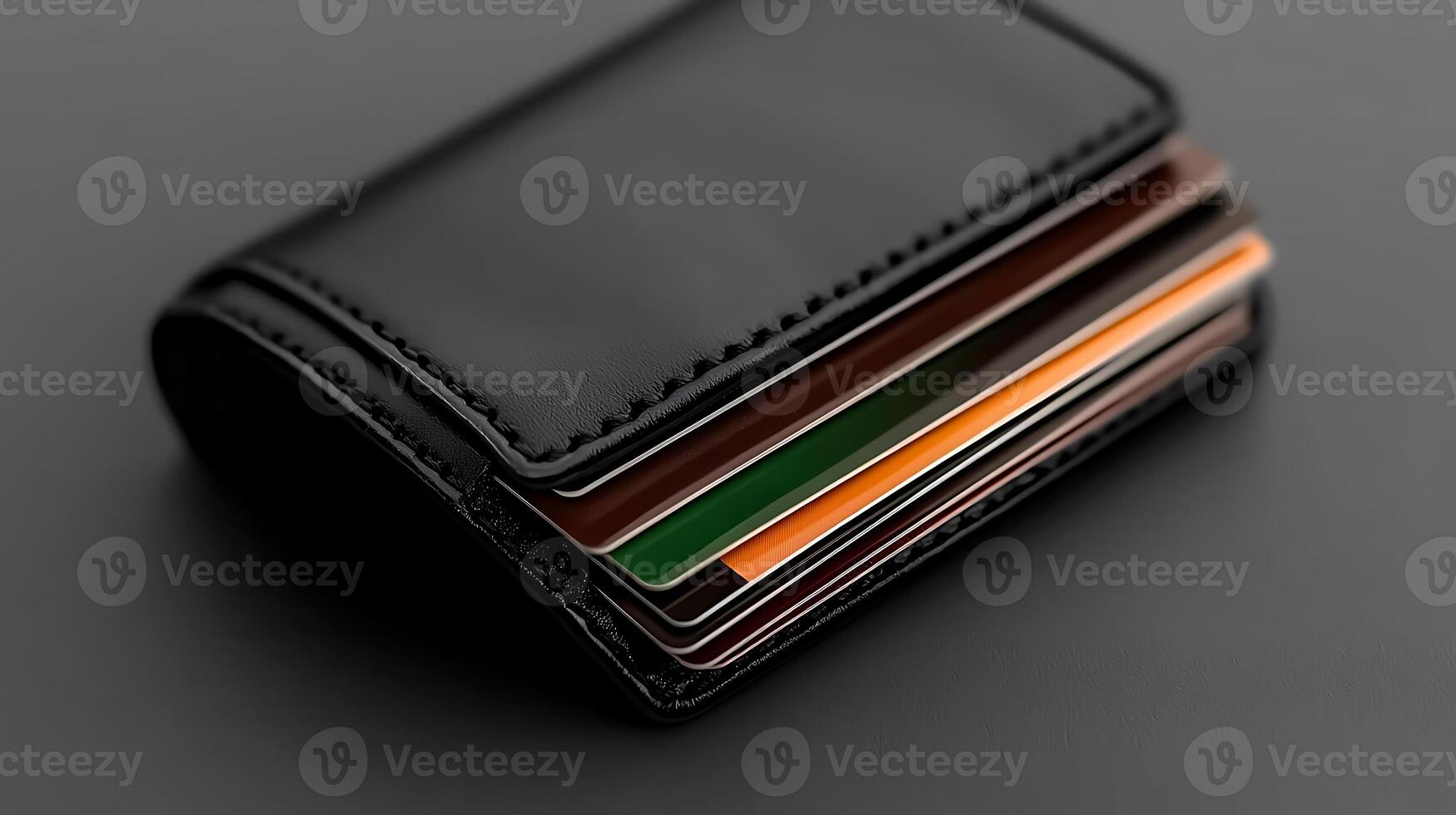 A sleek black wallet displaying various credit cards on a smooth dark surface, ideal for financial themes photo