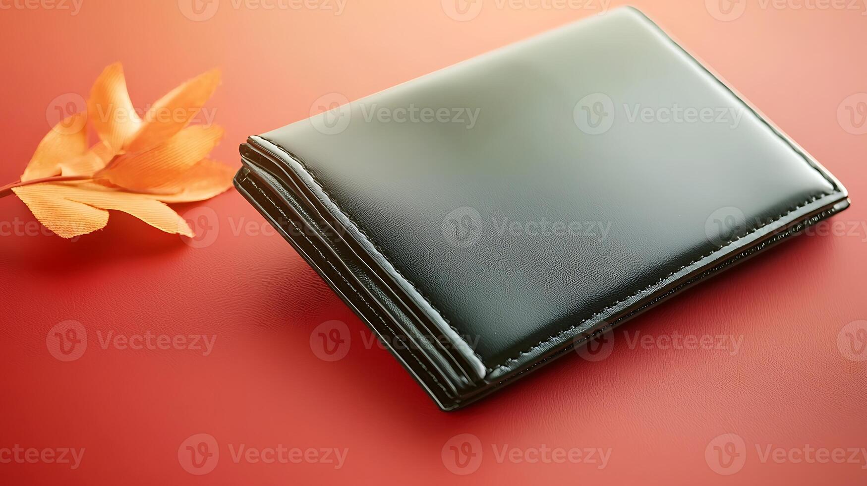 A sleek black wallet resting on a vibrant red surface with an autumn leaf nearby, creating a cozy atmosphere photo