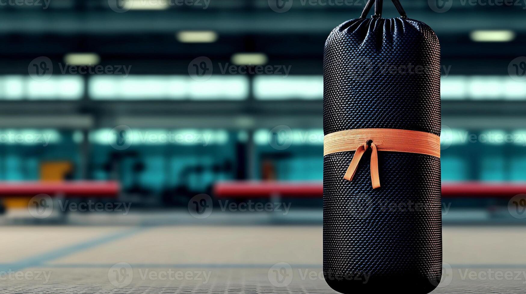 A sleek black punching bag with a brown strap, set against a blurred gym background, emphasizing fitness photo