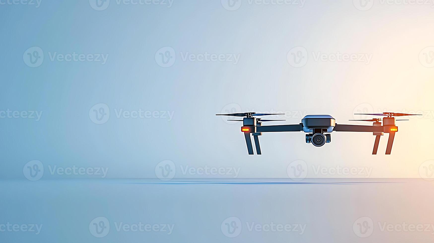 A sleek drone hovering against a soft gradient background, capturing aerial views of a serene landscape photo