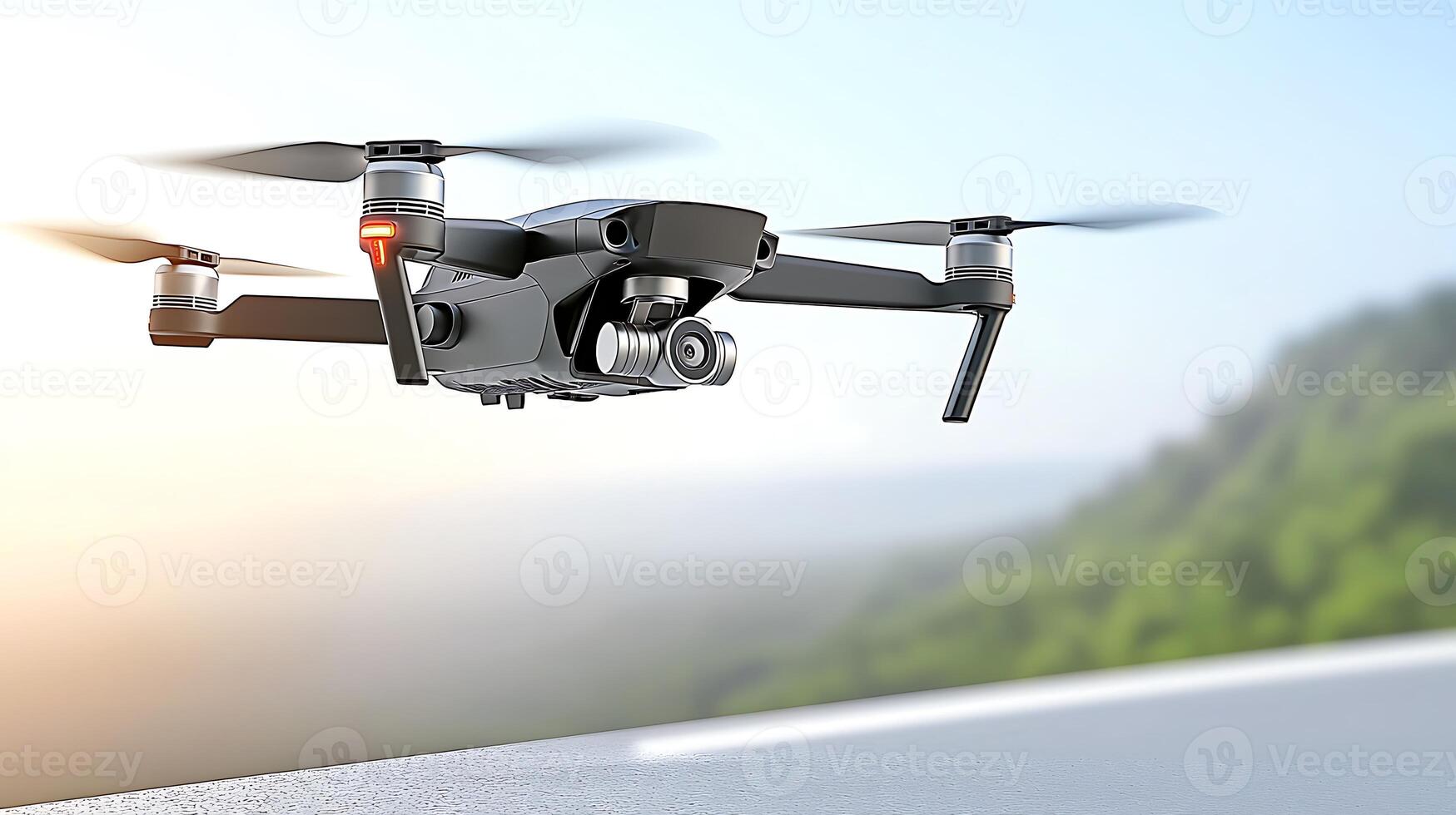 A sleek drone flying over a scenic landscape, capturing aerial views of lush greenery photo
