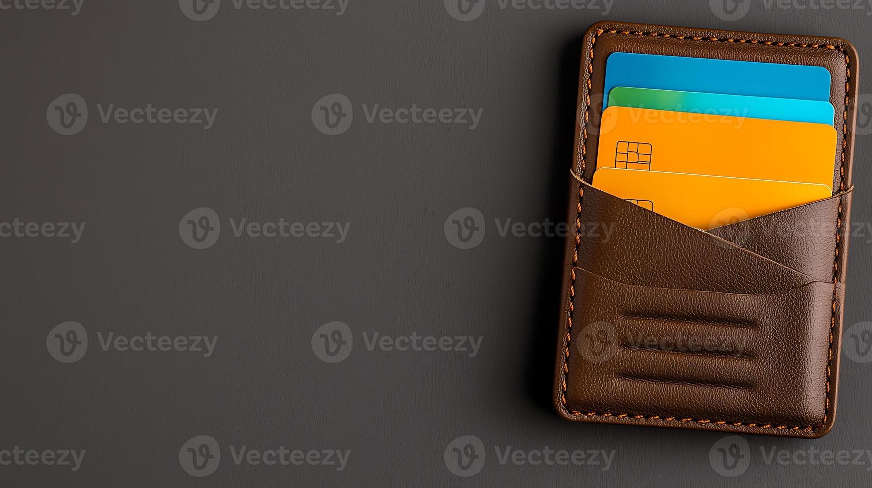 A sleek brown wallet with multiple credit cards displayed on a smooth gray background photo