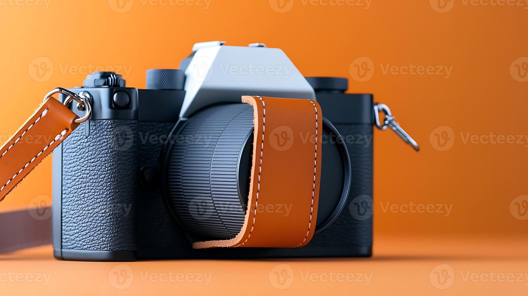 A sleek camera positioned on a vibrant orange backdrop showcasing its design and features photo