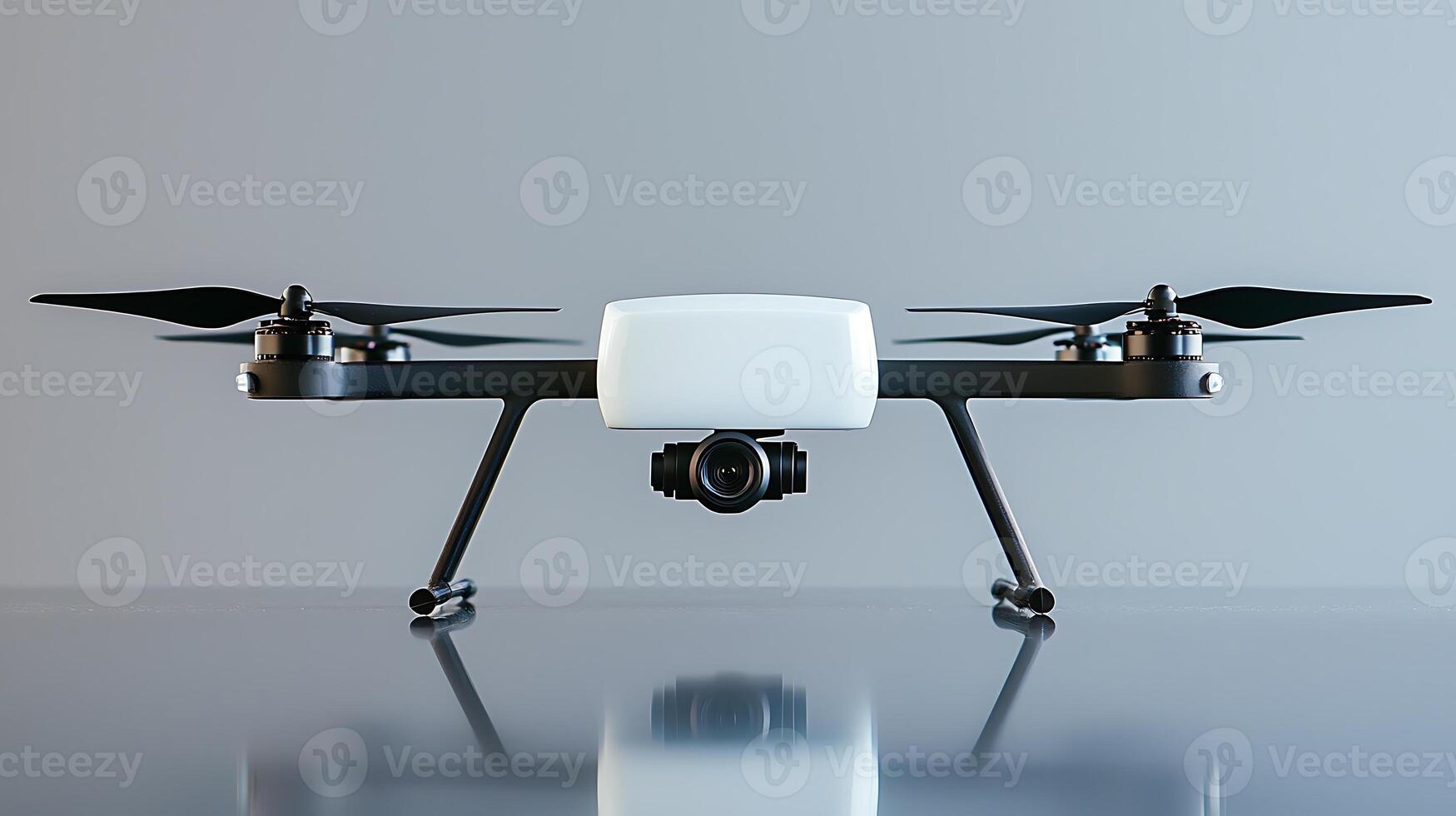 A sleek drone with a camera positioned against a minimalist background, showcasing advanced technology photo
