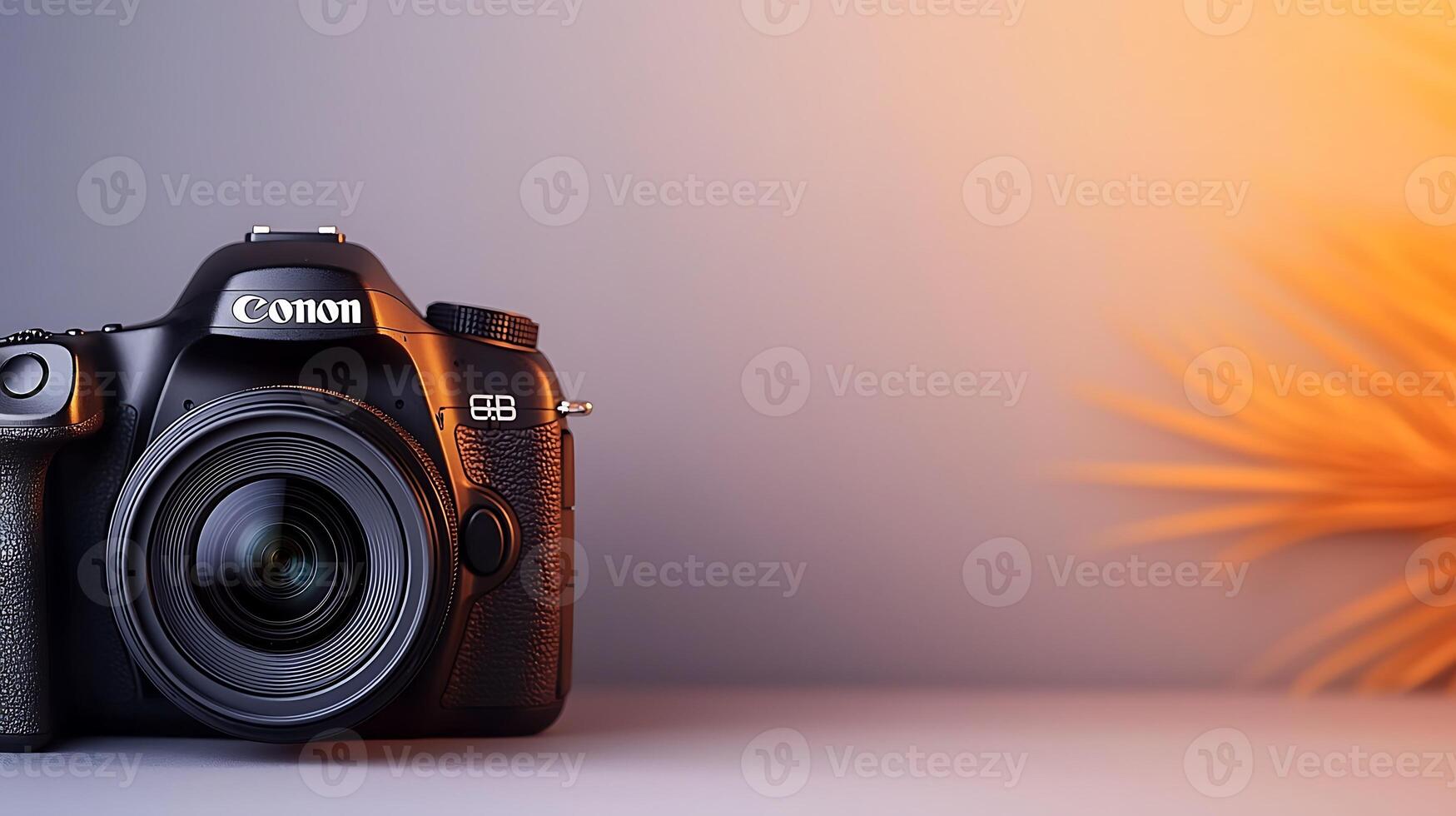 A sleek DSLR camera positioned on a surface with warm lighting, showcasing photography equipment photo
