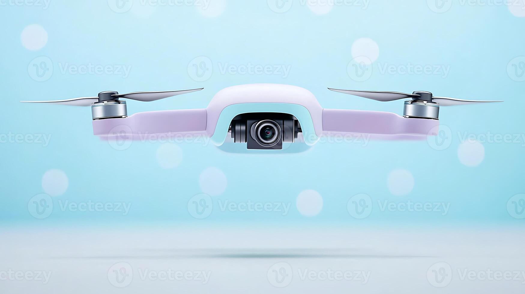 A sleek, modern drone with a camera hovering against a soft blue background with bokeh effects photo