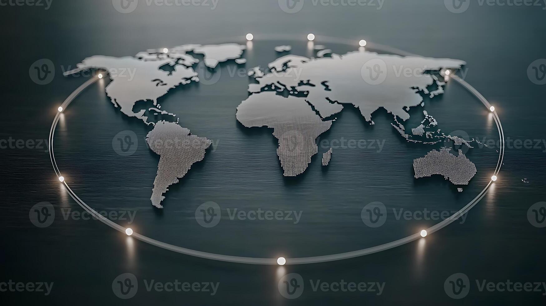 A sleek metallic world map illuminated by soft lights on a dark wooden surface, symbolizing global connectivity photo