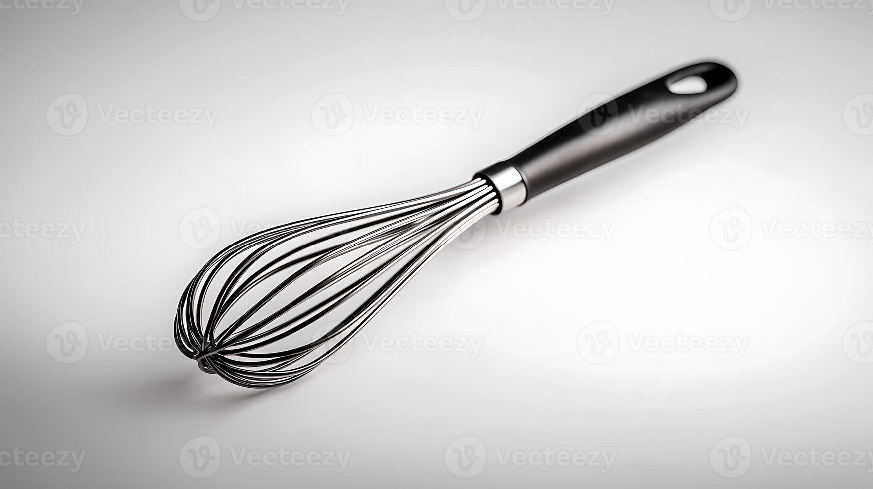 A sleek stainless steel whisk with a comfortable black handle, resting on a smooth surface photo