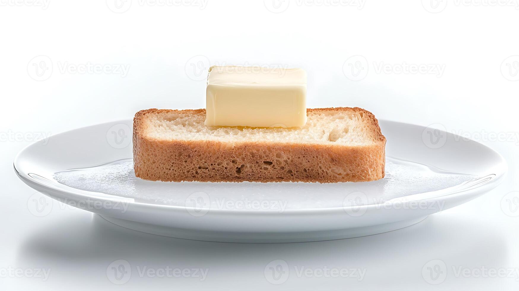 A slice of bread topped with butter on a white plate, set against a bright, minimalist background photo