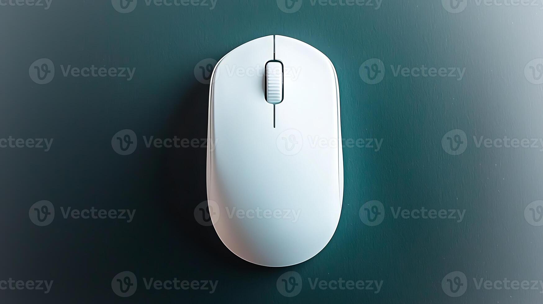 A sleek white computer mouse positioned centrally on a dark green background, highlighting its design photo