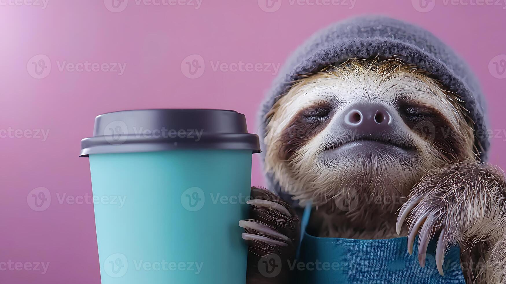 A sloth wearing a beanie and apron enjoys a coffee cup against a pastel pink background photo