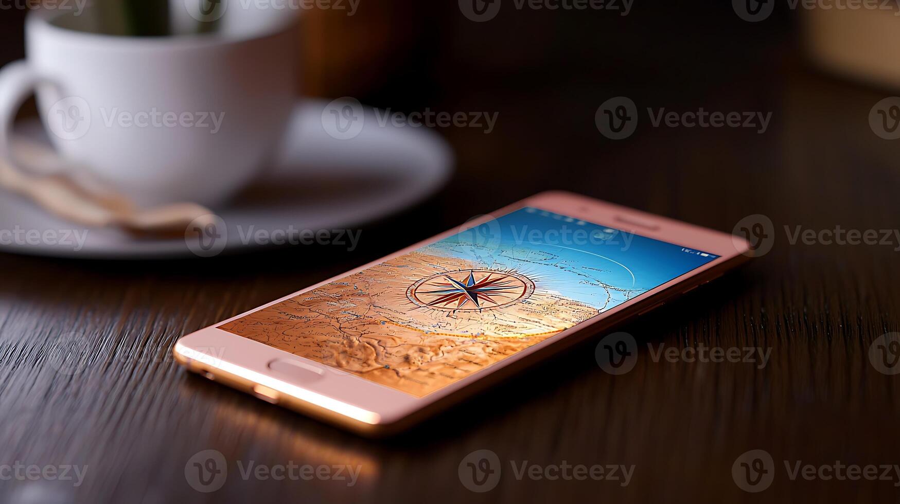 A smartphone displaying a compass app on a wooden table beside a cup and plant, in a cozy setting photo