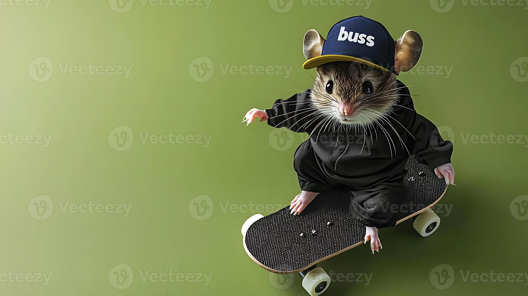 A small mouse in a black tracksuit and cap skateboards on a green background, showcasing agility photo