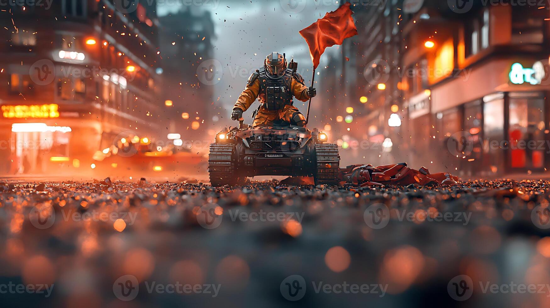 A soldier on an armored vehicle holding a flag in a rain-soaked urban street at night photo