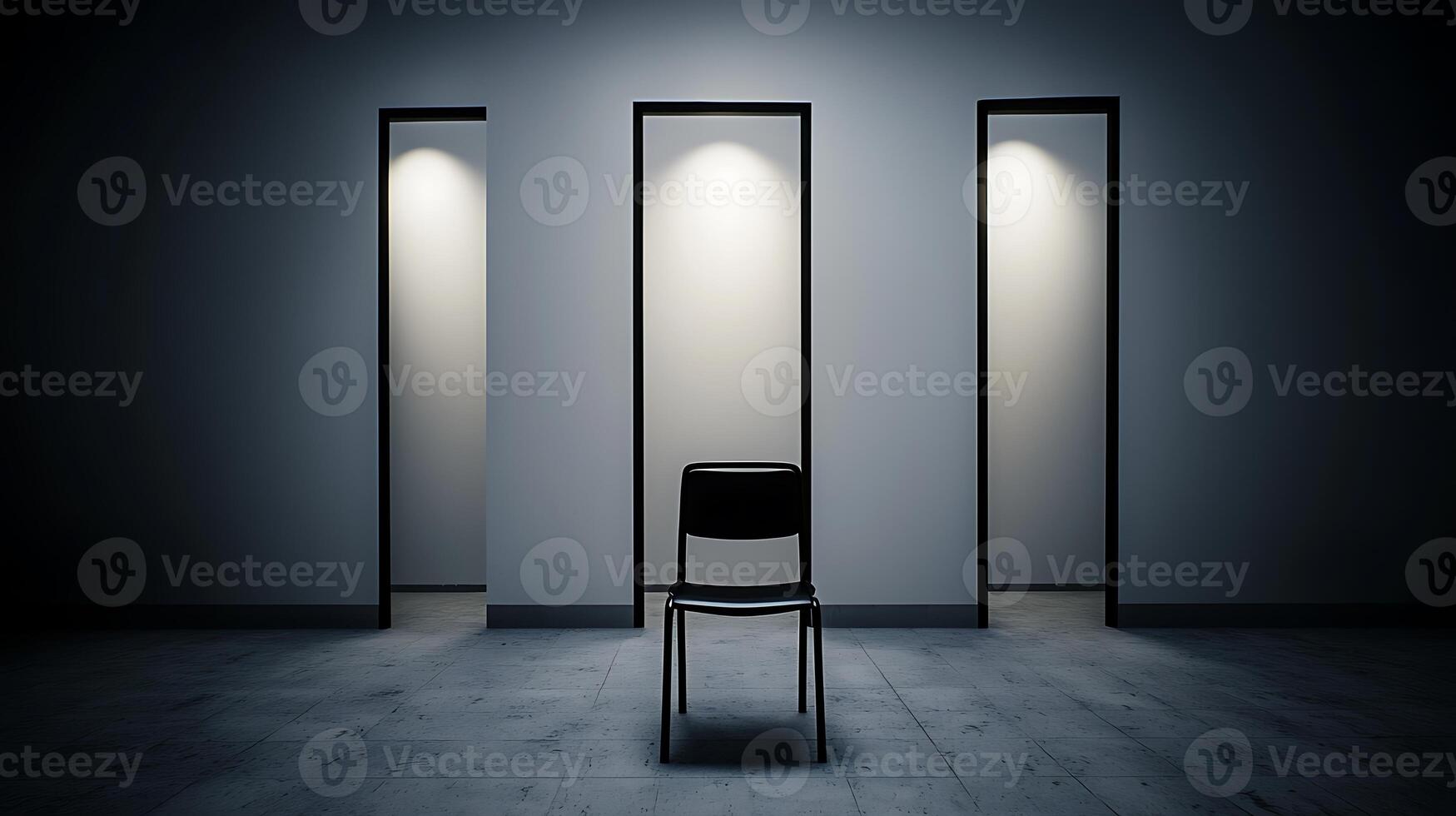 A solitary black chair positioned in a dimly lit room with three doorways casting soft light photo