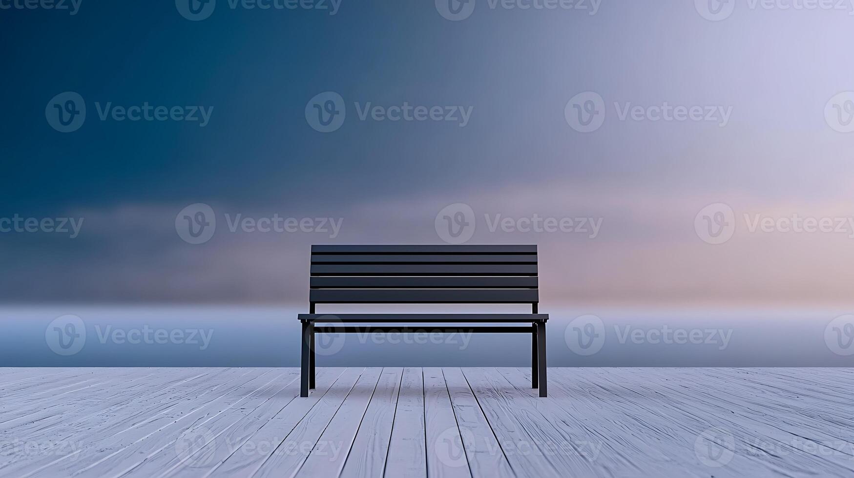 A solitary black bench on a wooden deck overlooking a serene twilight landscape photo