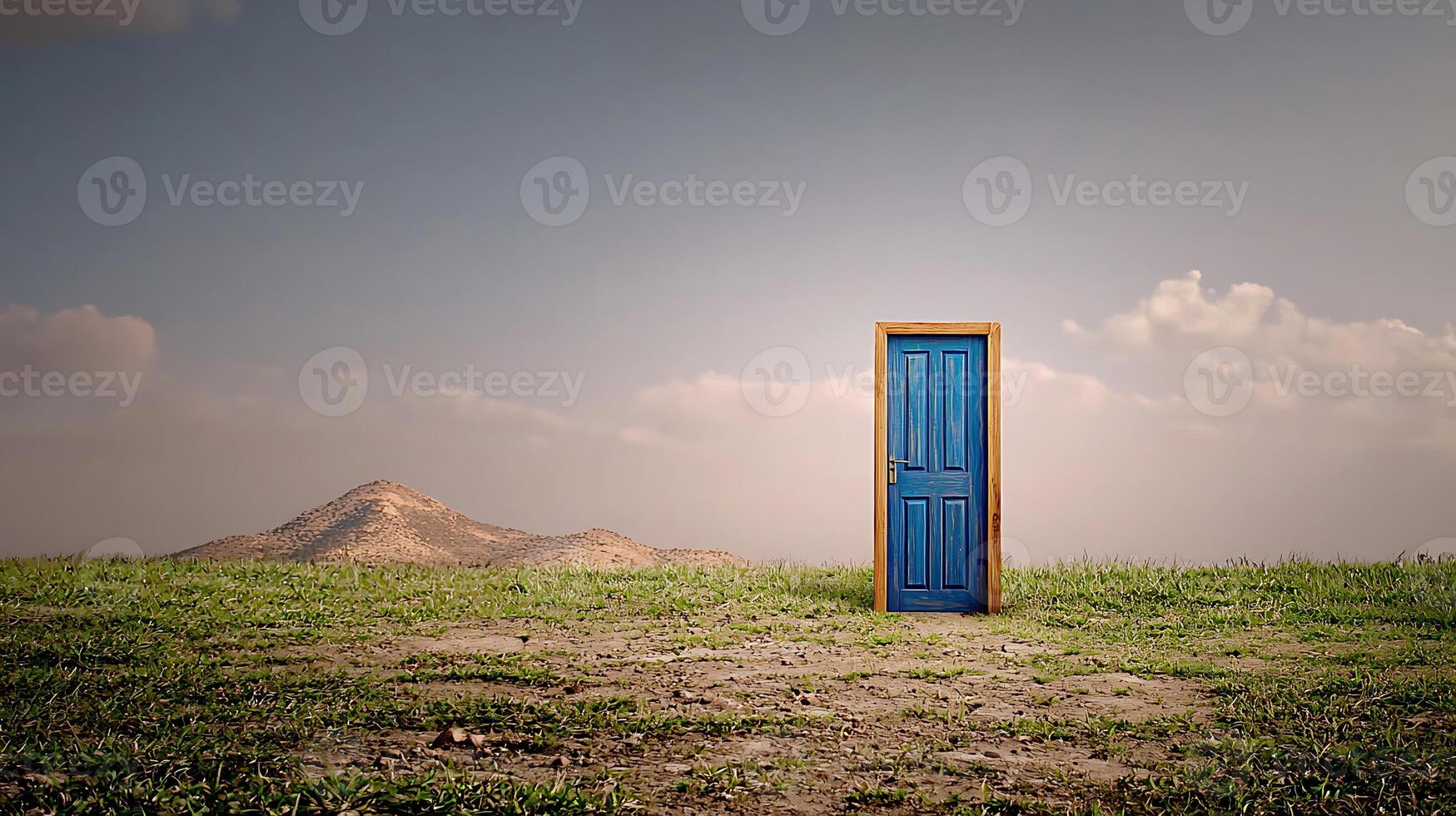 A solitary blue door stands in an open field with distant hills under a serene sky photo