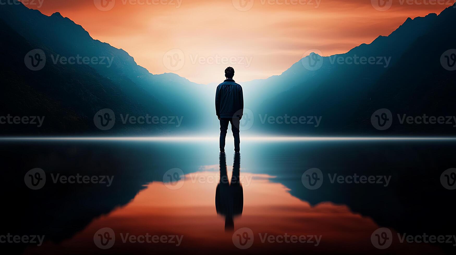 A solitary figure stands at the edge of a serene lake during a vibrant sunset, reflecting mountains photo