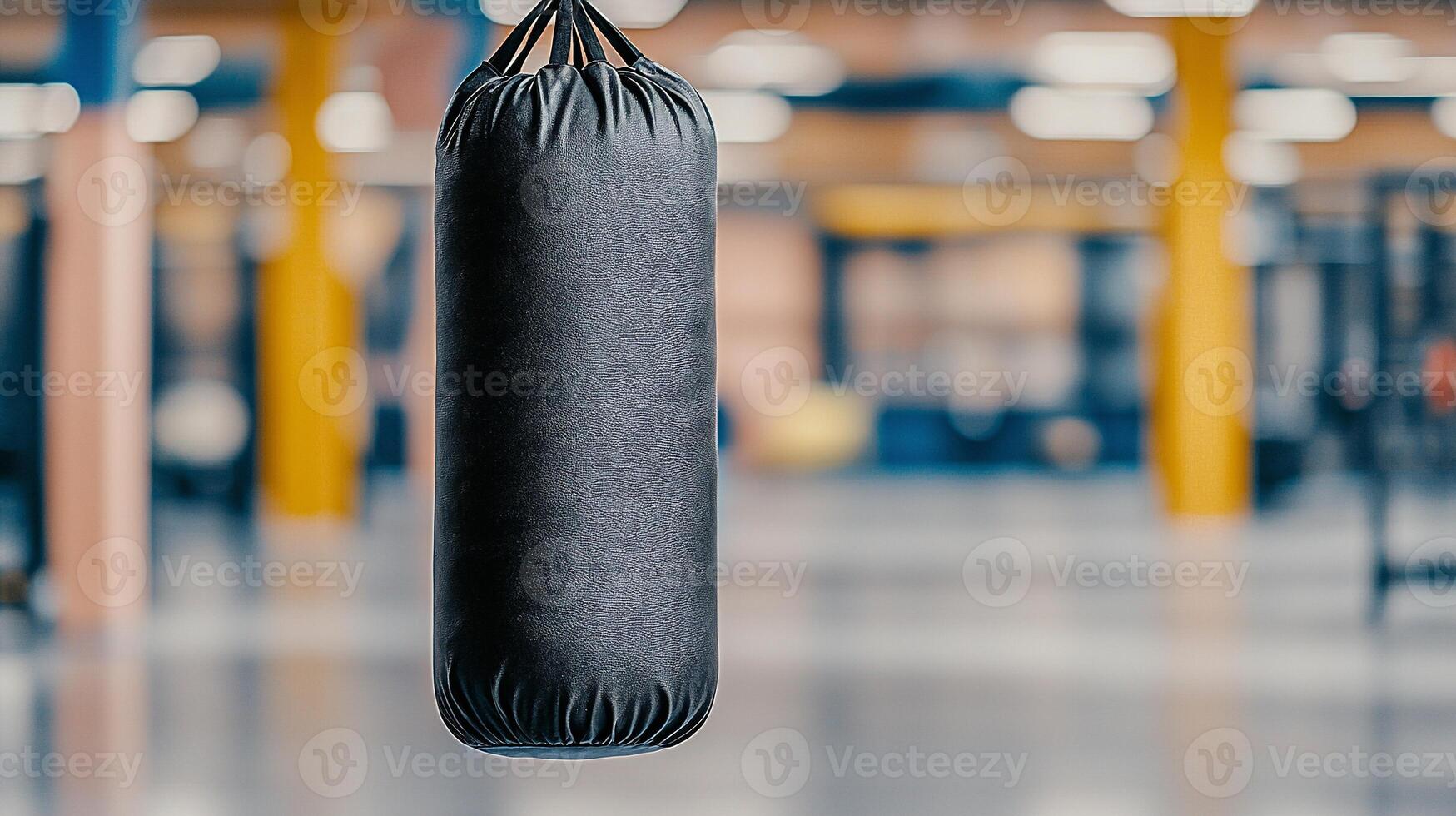 A solitary black punching bag hangs in a spacious gym, with bright colors and equipment in the background photo