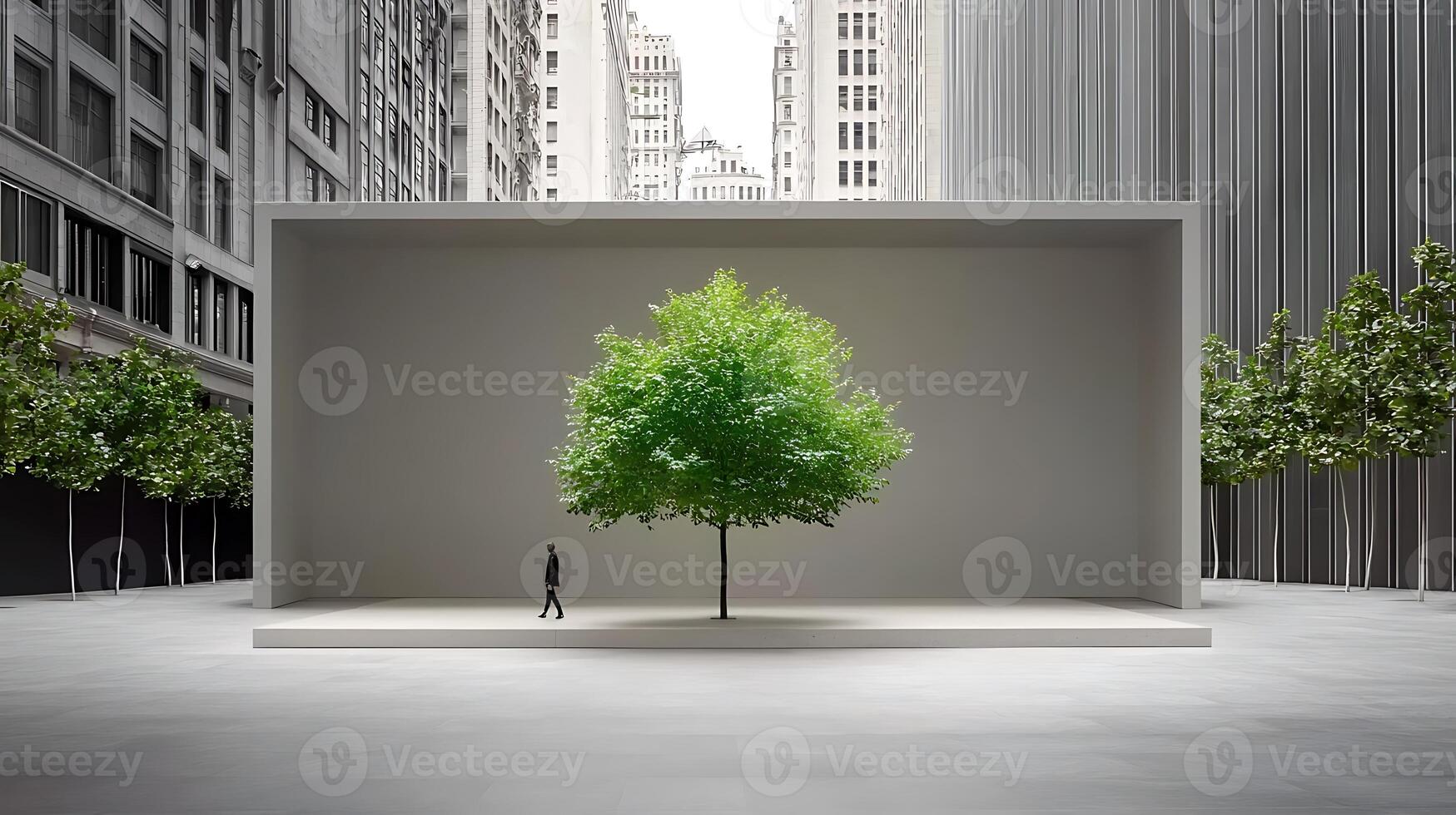 A solitary figure walks past a modern architectural installation featuring a vibrant tree in an urban setting photo