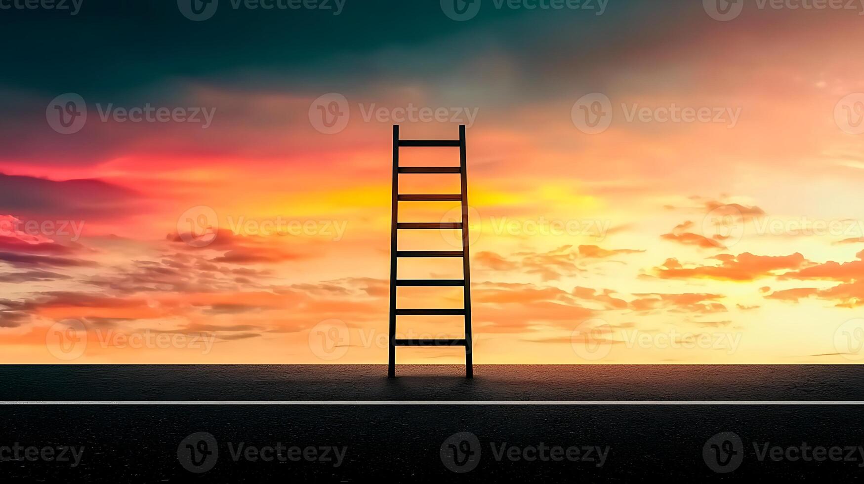 A solitary ladder stands on an empty road under a vibrant sunset, symbolizing aspiration and dreams photo