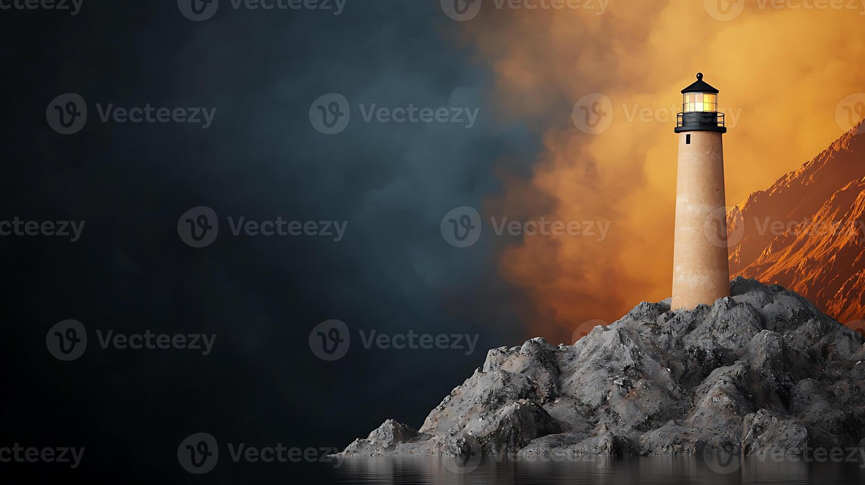 A solitary lighthouse stands on rugged rocks under a dramatic sky at sunset, symbolizing guidance photo