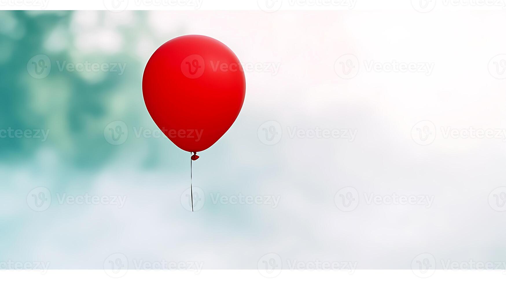 A solitary red balloon floats against a soft-focus background of blurred greenery photo