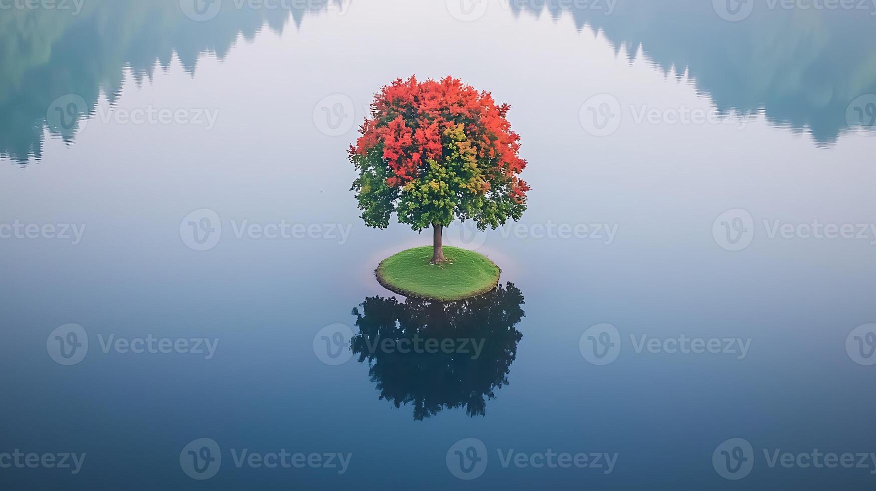 A solitary vibrant tree with autumn leaves reflecting in a serene lake surrounded by mountains photo