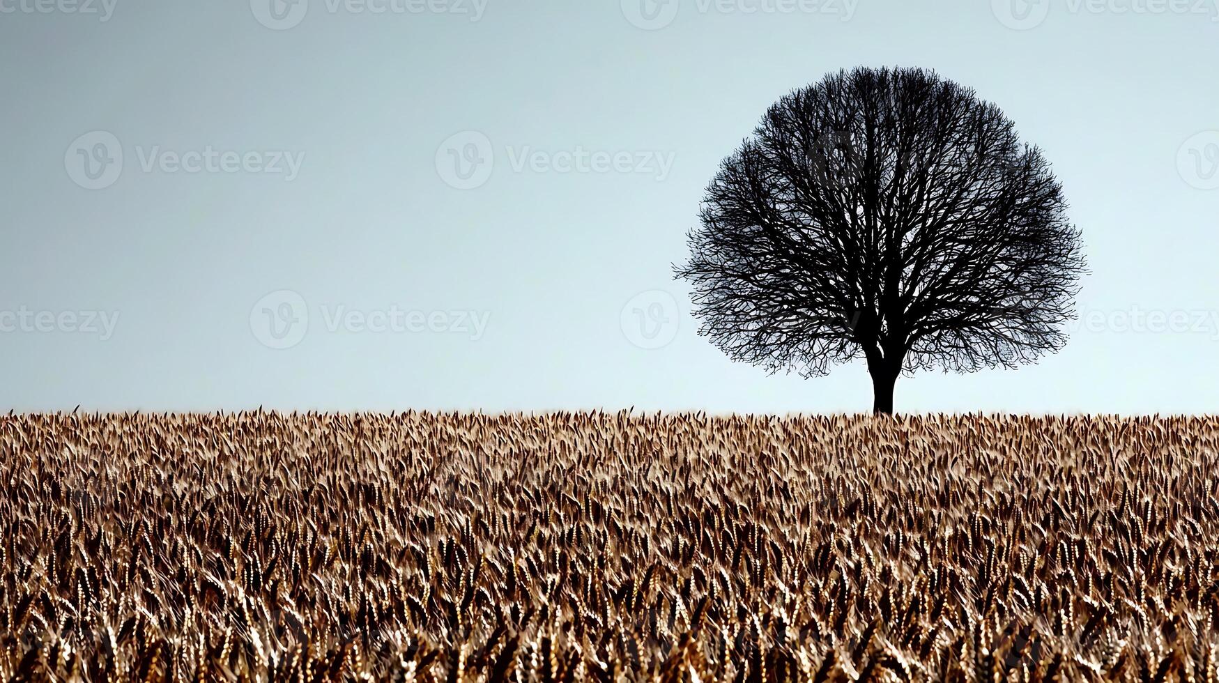 A solitary tree stands against a clear sky above a golden cornfield at dusk, evoking tranquility photo