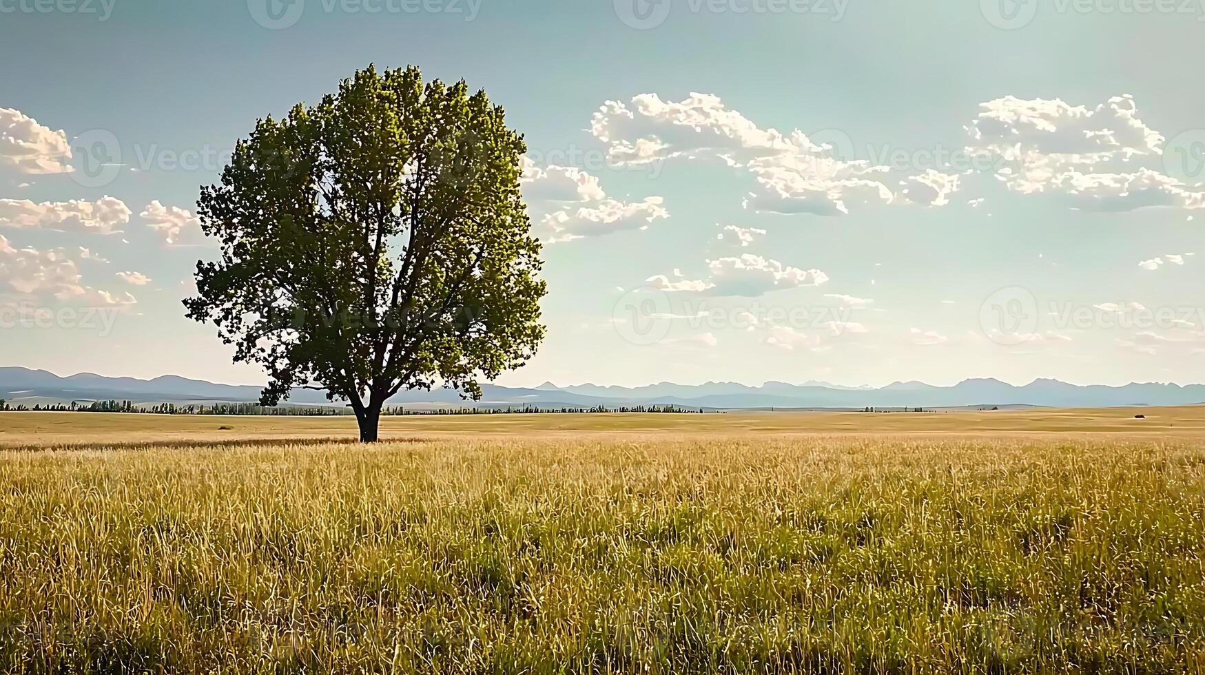 A solitary tree stands tall in a vast golden field under a bright blue sky with distant mountains photo
