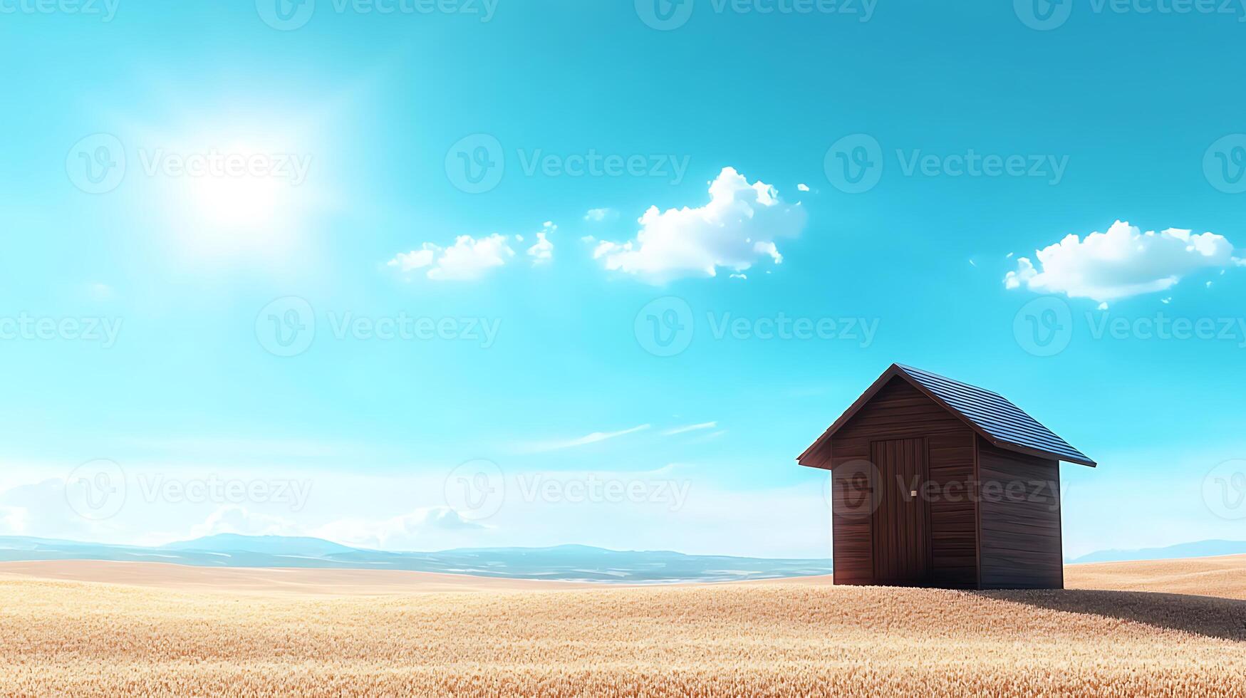 A solitary wooden house stands in a vast golden field under a bright blue sky photo