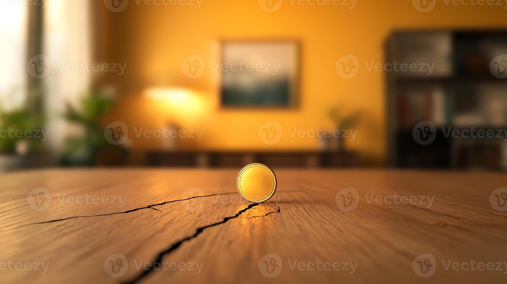 A solitary yellow ball resting on a cracked wooden table in a cozy, warmly lit room photo
