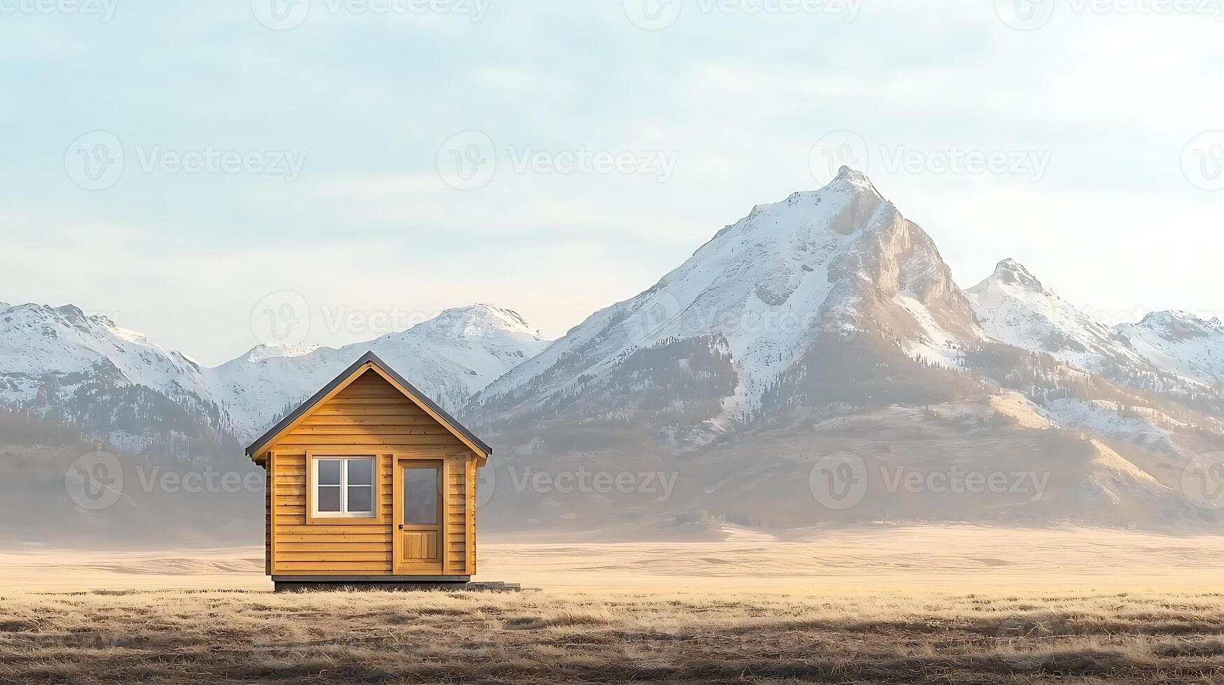 A solitary yellow house stands in a vast landscape with snow-capped mountains in the background photo