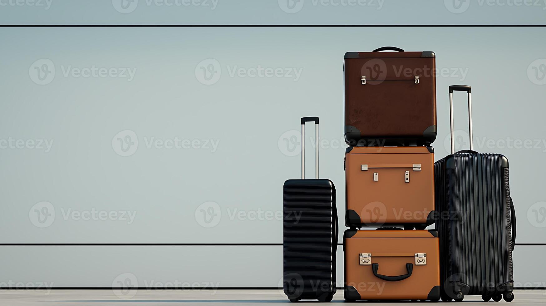 A stack of colorful suitcases arranged neatly against a minimalist wall in a travel setting photo
